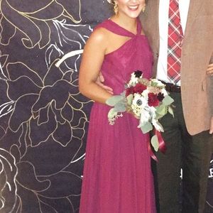 Maroon floor length bridesmaids dress
